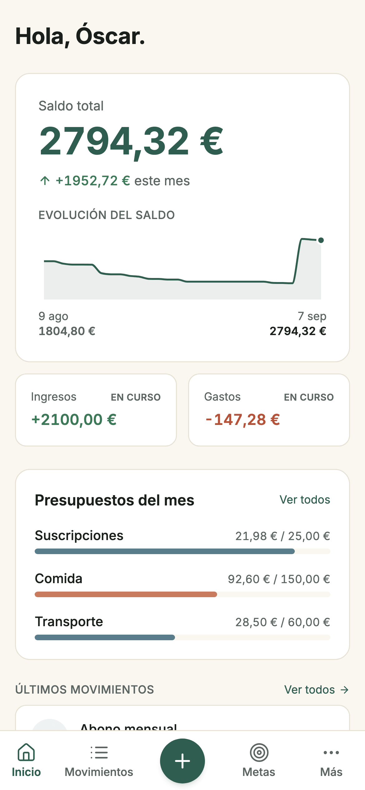 Inicio de Sumant con saldo total, evolución del saldo, ingresos, gastos y presupuestos del mes